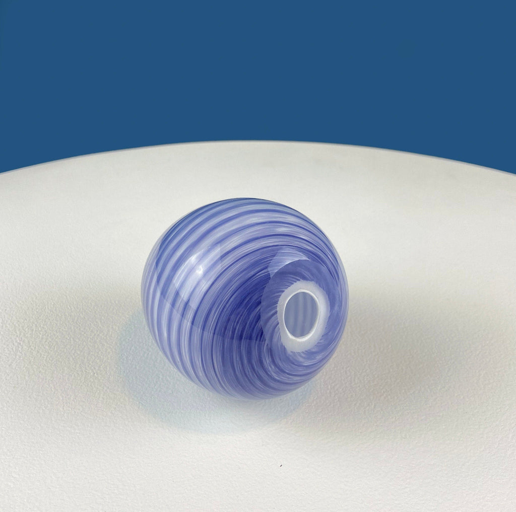 Set of Two Glass Eggs. Large Textured Blue and Smaller Purple with Swirl Embedded in Glass. Easter or Spring Decor. Dining Room Decor.