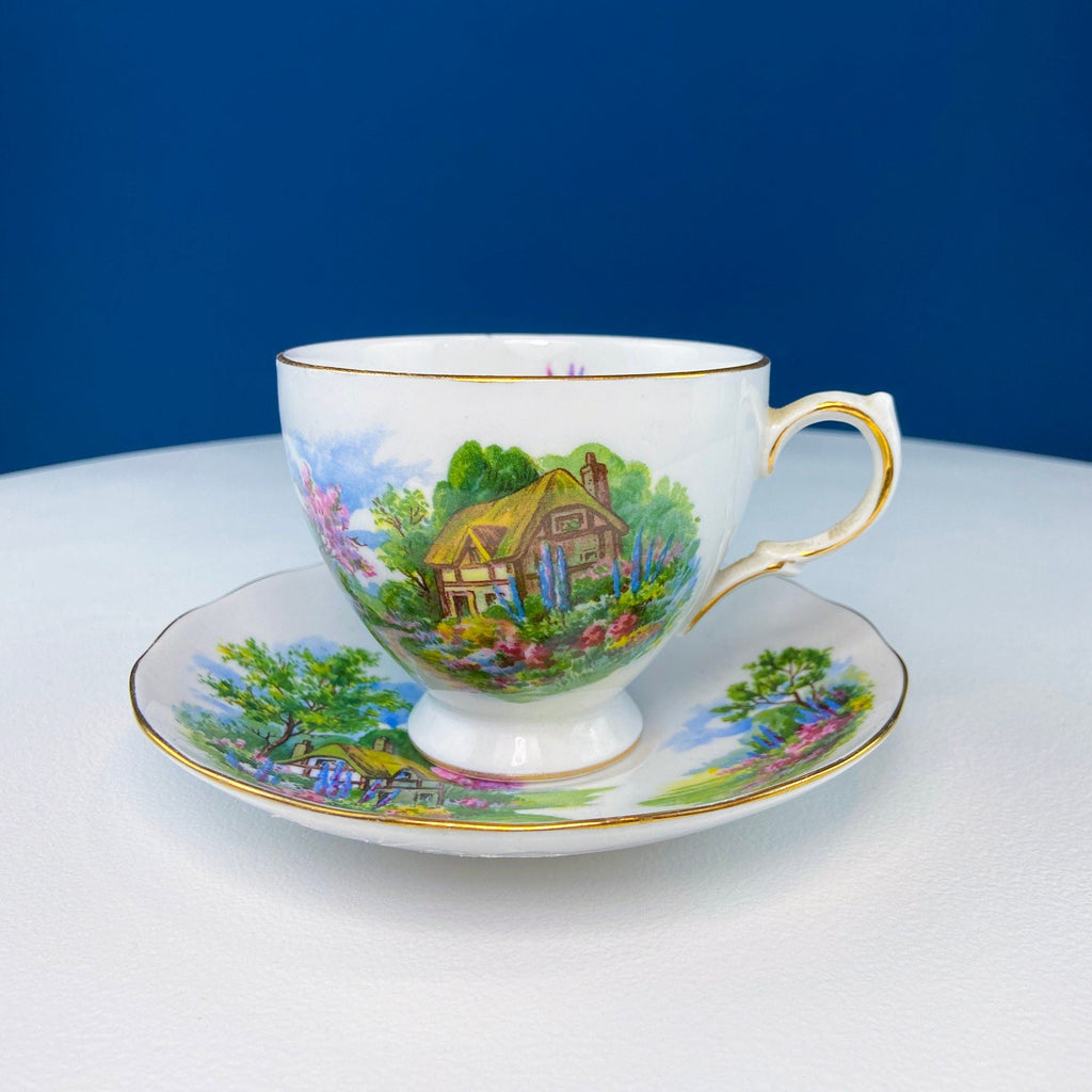 Vintage Royal Vale Tea Cup and Saucer: English Cottage Garden Motif