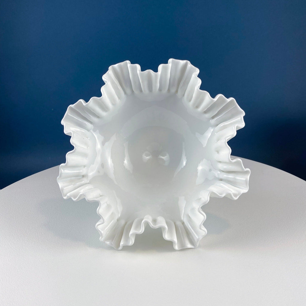 Fenton Milk Glass Hobnail Footed Bowl with Ruffled Edge. Collectible Compote. White Serving Dish. Dining Room Decor. Table Centerpiece.