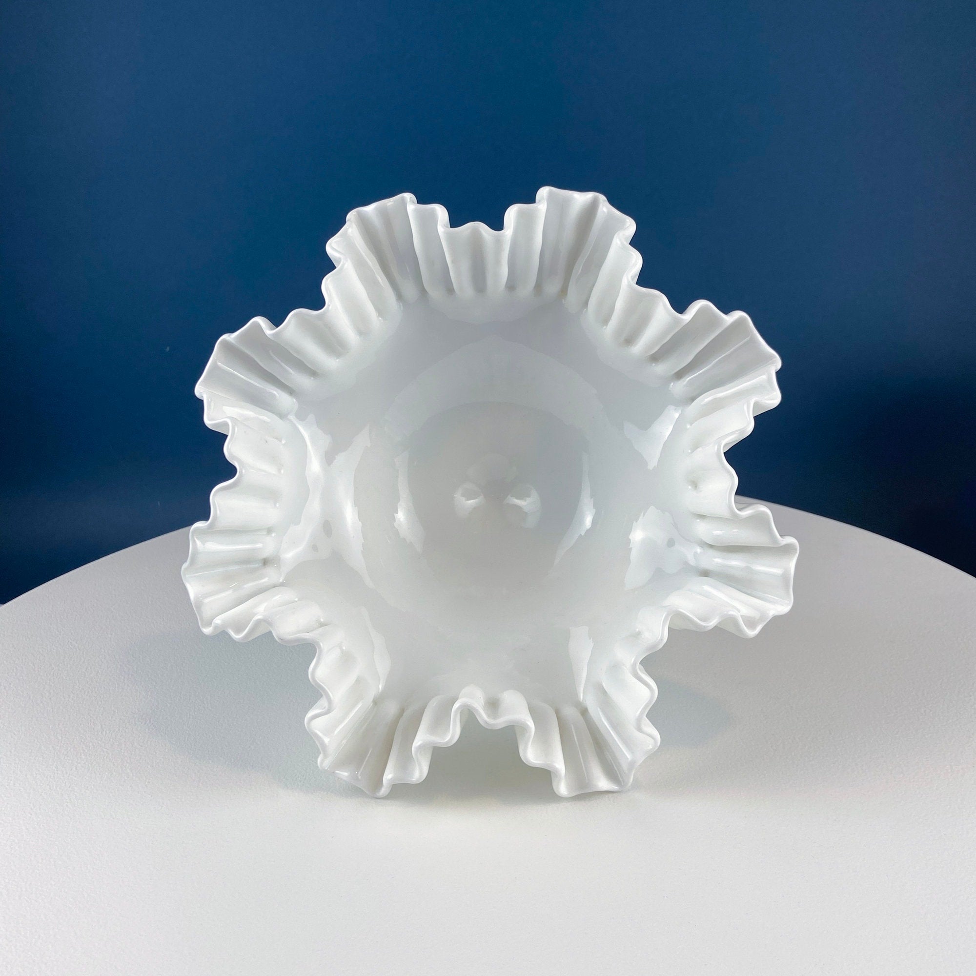 Fenton Milk Glass Hobnail Footed Bowl with Ruffled Edge. Collectible Compote. White Serving Dish. Dining Room Decor. Table Centerpiece.