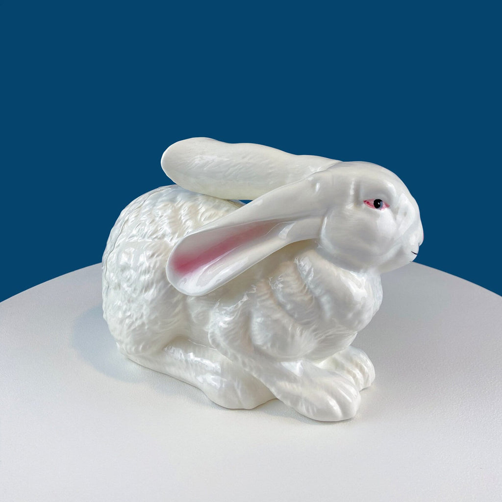 Cute Porcelain Gray Bunny with Pink Ears. Rabbit Figurine for Kids Room, Easter Spring Celebration. Dining Rm Display. Collectible Statuette