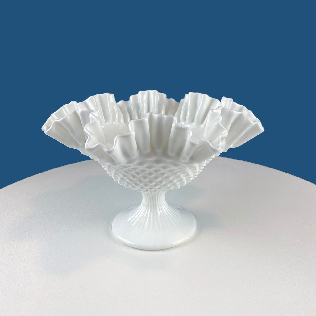 Fenton Milk Glass Hobnail Footed Bowl with Ruffled Edge. Collectible Compote. White Serving Dish. Dining Room Decor. Table Centerpiece.