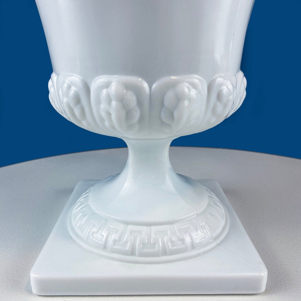 Vintage Large Milk Glass Urn or Compote Pedestal with Greek Key & Wheat Motif. 9" Tall White Footed E.O Brody Planter. Herb Garden.