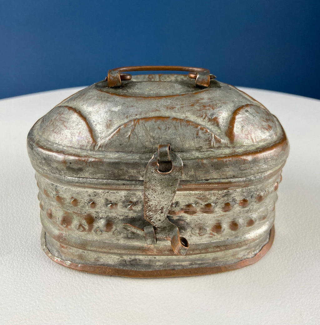 Hand Pounded Copper Cricket Boxes with Hinged Lids. Set of 4 Oval Metal Boxes with Perforated Bases. Rustic Collection of Containers.