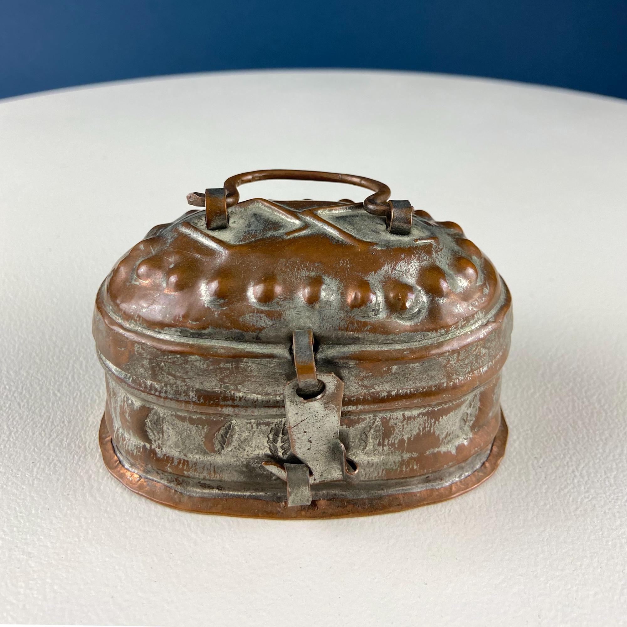 Hand Pounded Copper Cricket Boxes with Hinged Lids. Set of 4 Oval Metal Boxes with Perforated Bases. Rustic Collection of Containers.