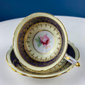 Vintage Paragon Cup and Saucer. Porcelain Tea Set. Lt Yellow with Dark Blue and Gold Bend. Rose Motif.  Excellent Gift Idea for Tea Lover.