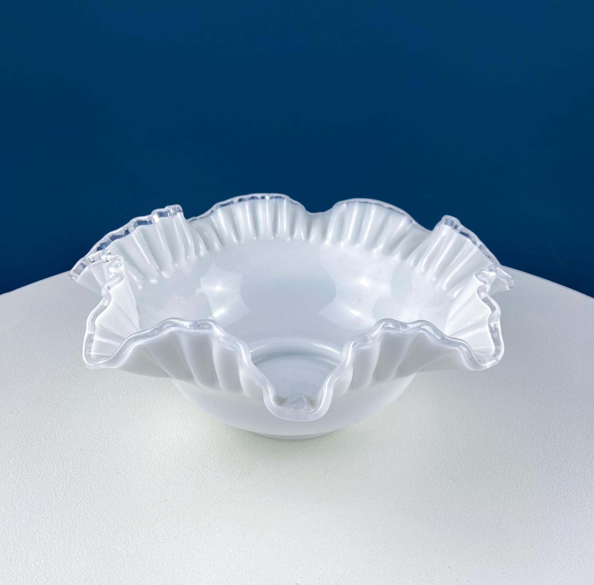 Large Silvercrest Bowl with Ruffled Edge. White Glass Fruit Bowl or Serving Dish with Clear Brim. Table Centerpiece. Wedding Gift.