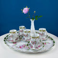 Antique Hot Chocolate or Coco Serving Set. Wild Roses Motif. Oval Hand-Painted Tray & Five Matching Cups. Anniversary Gift. Gift for Mom.