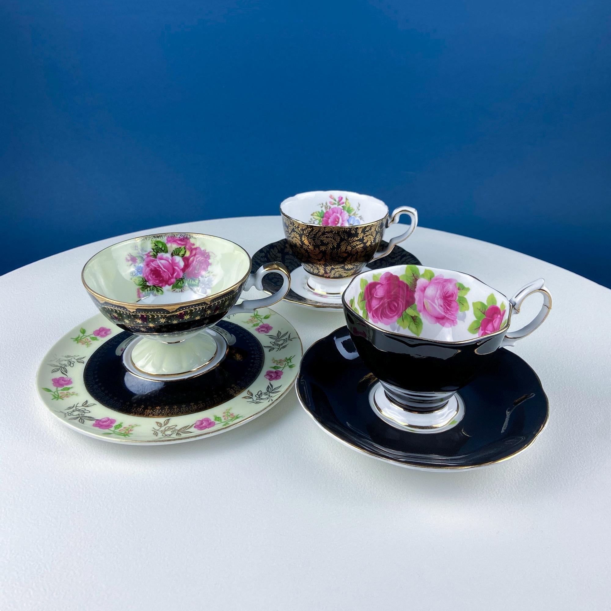 Antique Lefton Black and Gold Tea Cup and Saucer. Hand Painted Rose Motif. Dining Room Decor. Gift for Him or Her. Collectible Porcelain.
