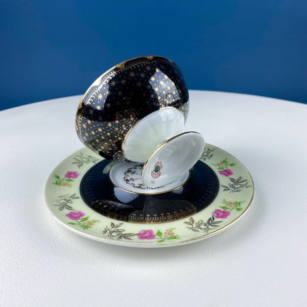 Antique Lefton Black and Gold Tea Cup and Saucer. Hand Painted Rose Motif. Dining Room Decor. Gift for Him or Her. Collectible Porcelain.