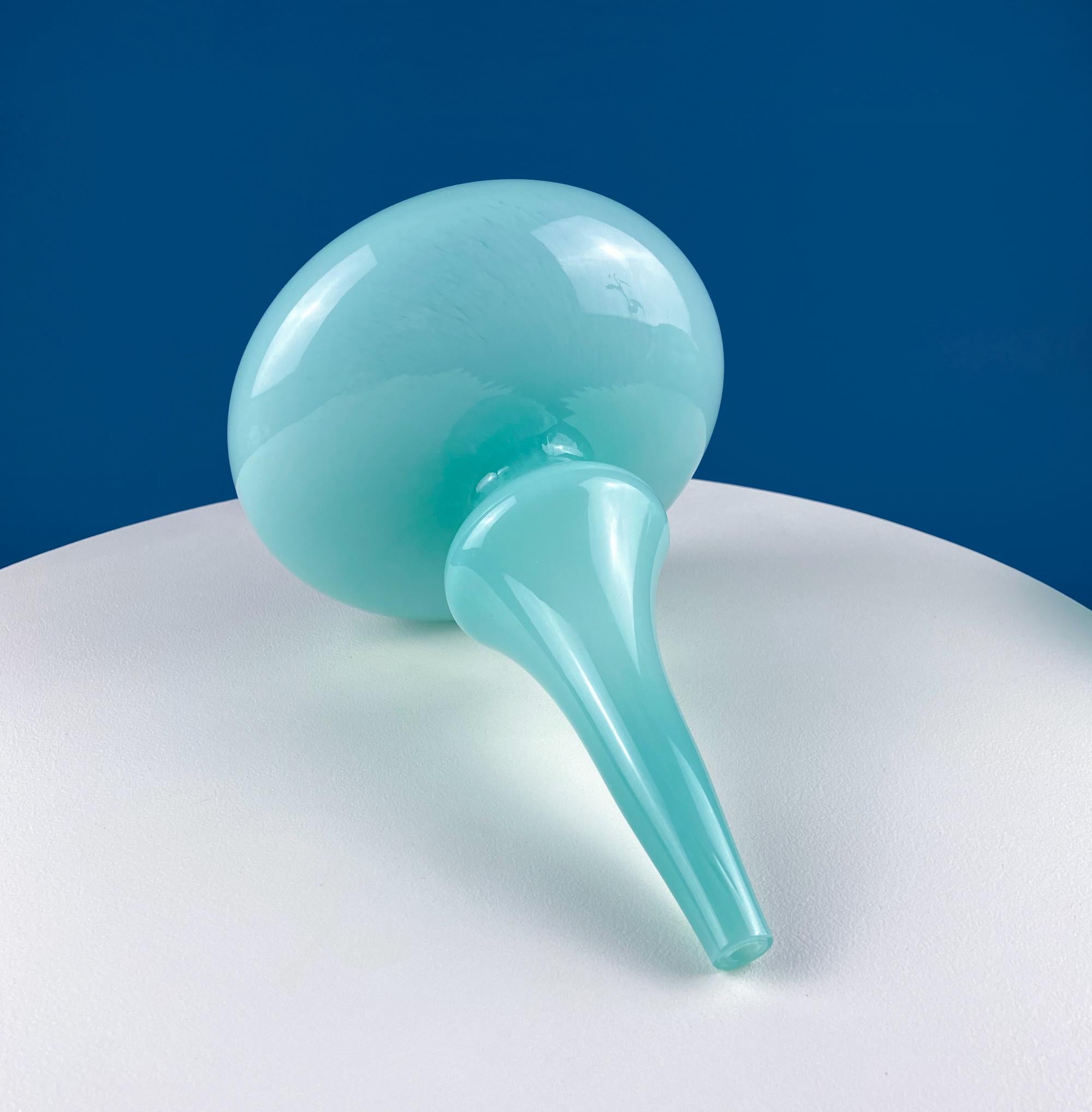 Modern Sky Blue Hand Blown Curvilinear Glass Vase. Beautiful Smooth Opaque Lt. Blue Glass Modern Home Decor. Interior Design Ideas.