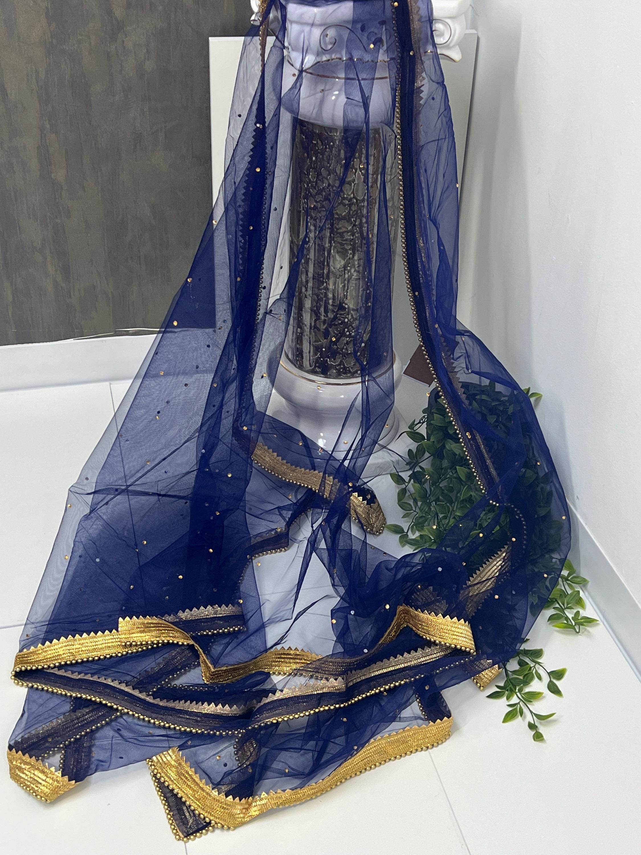 Dark blue Net dupatta with heavy lace