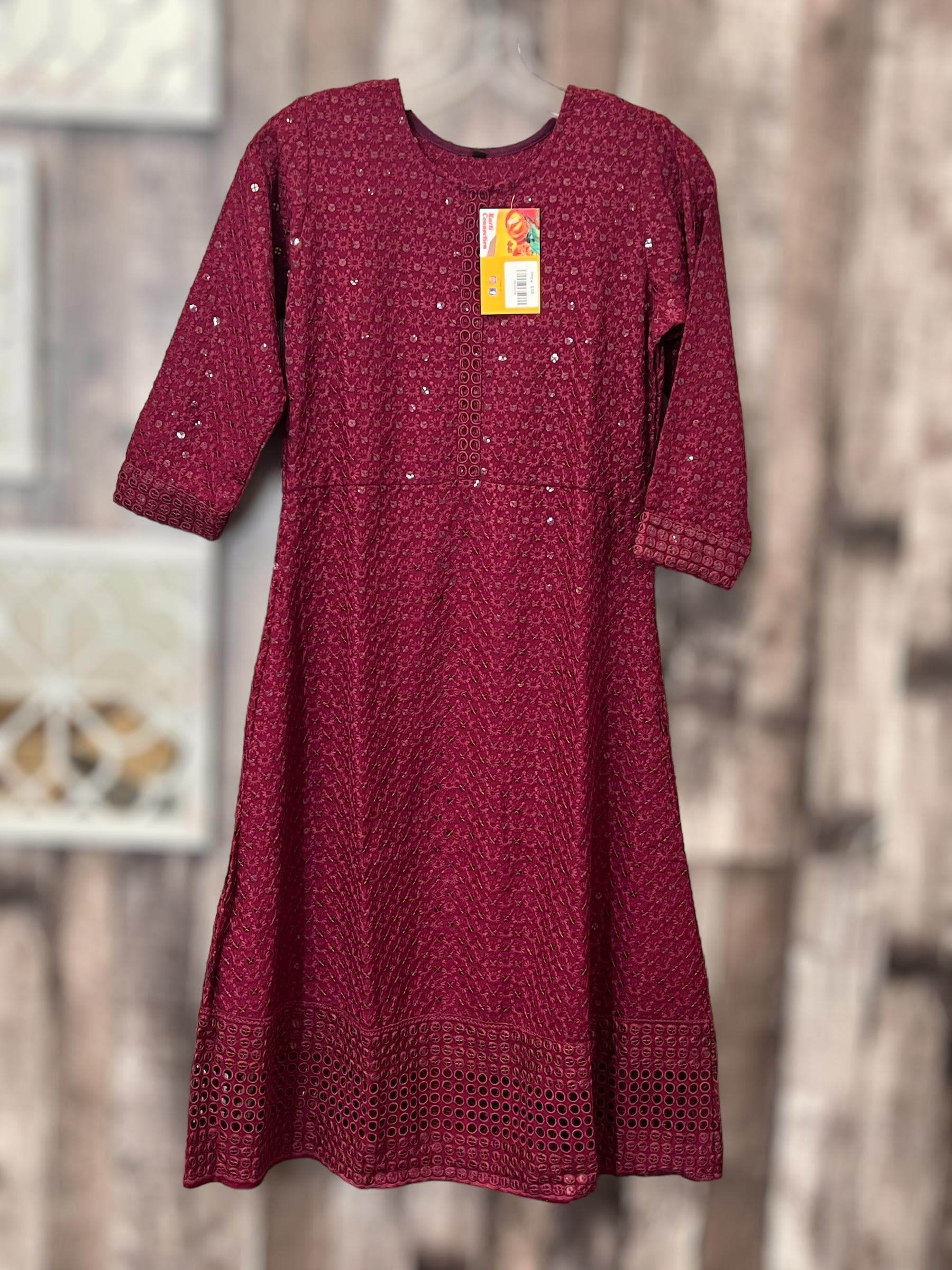 Chikankari kurtis for girls : wine color