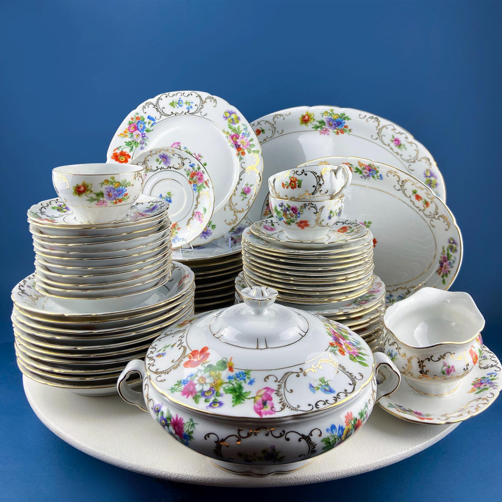 Antique Victoria Czechoslovakia 56 Piece Dish Set. Floral Motif. French Country Living. Dining Room Table Decor. Gift for Him Her.