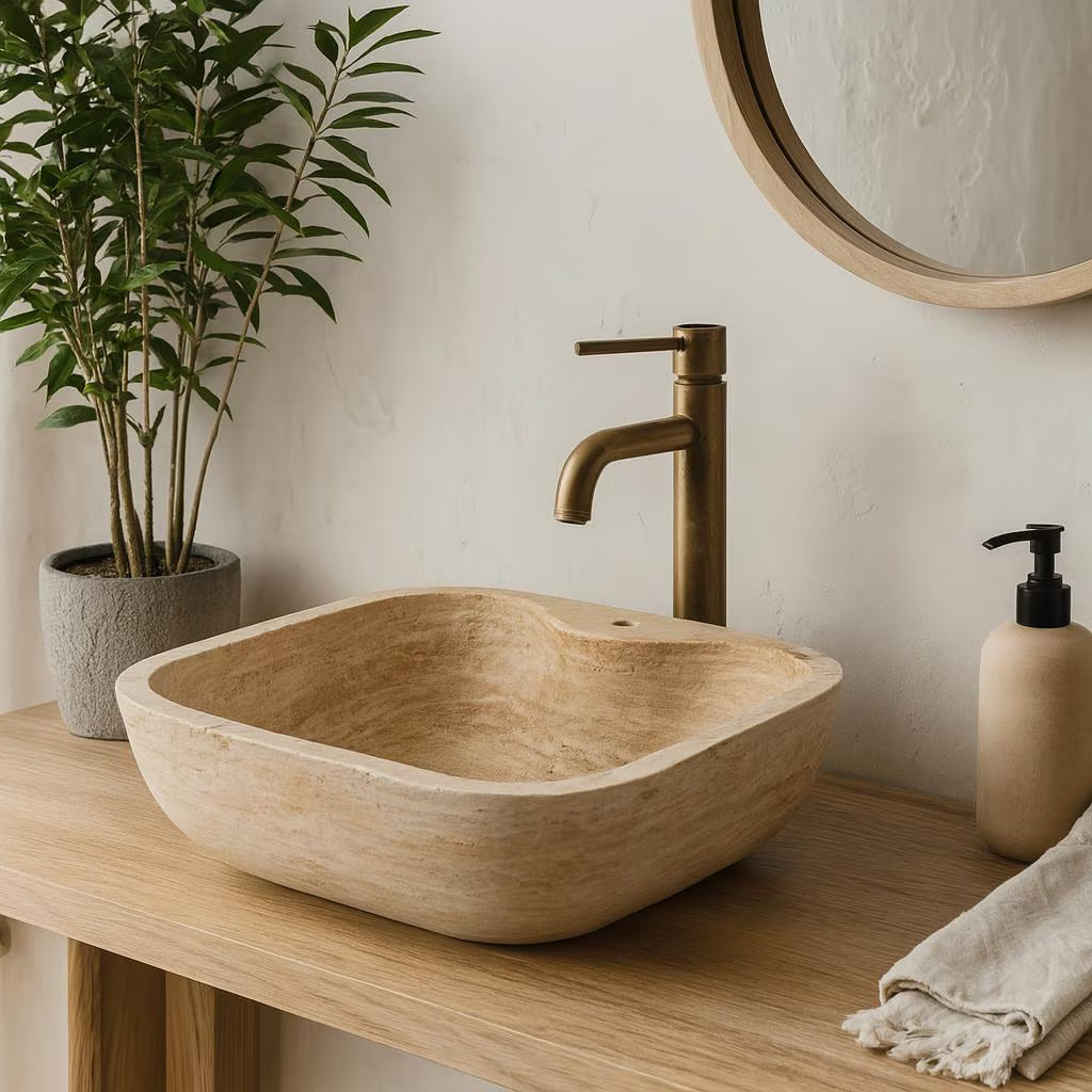 Travertine Vessel Sink | Natural Stone Bathroom Basin 18x18 inches USA | Luxury Marble Sink
