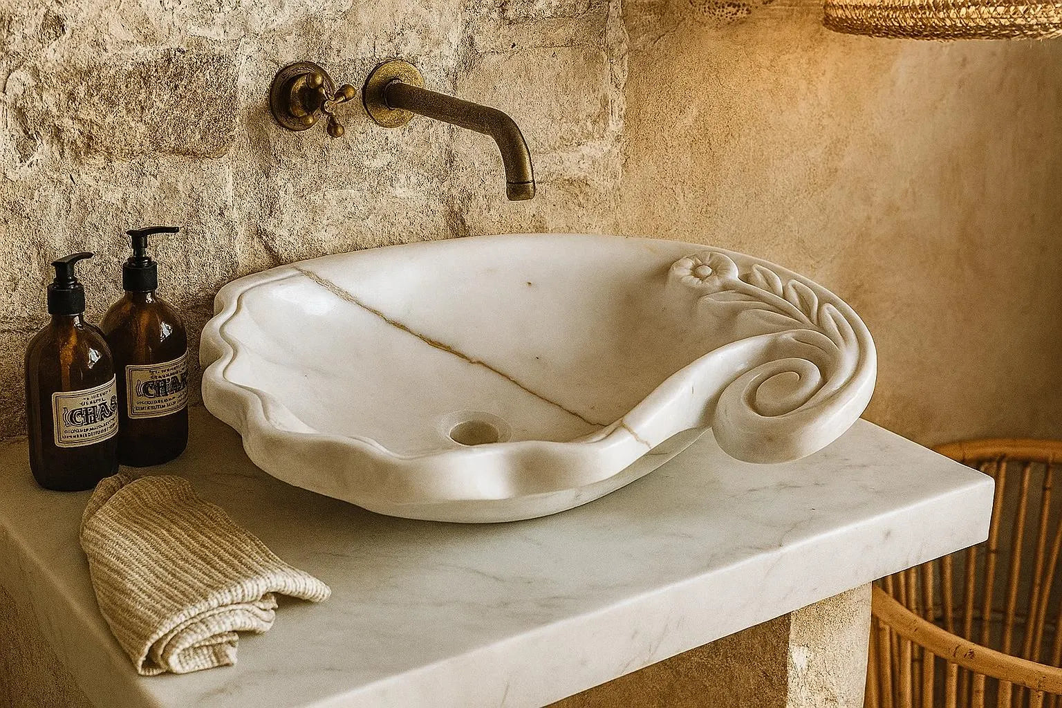 Marble Vessel Sink | Hand-Carved Natural Stone Bathroom Basin  | Luxury Floral Design Vanity