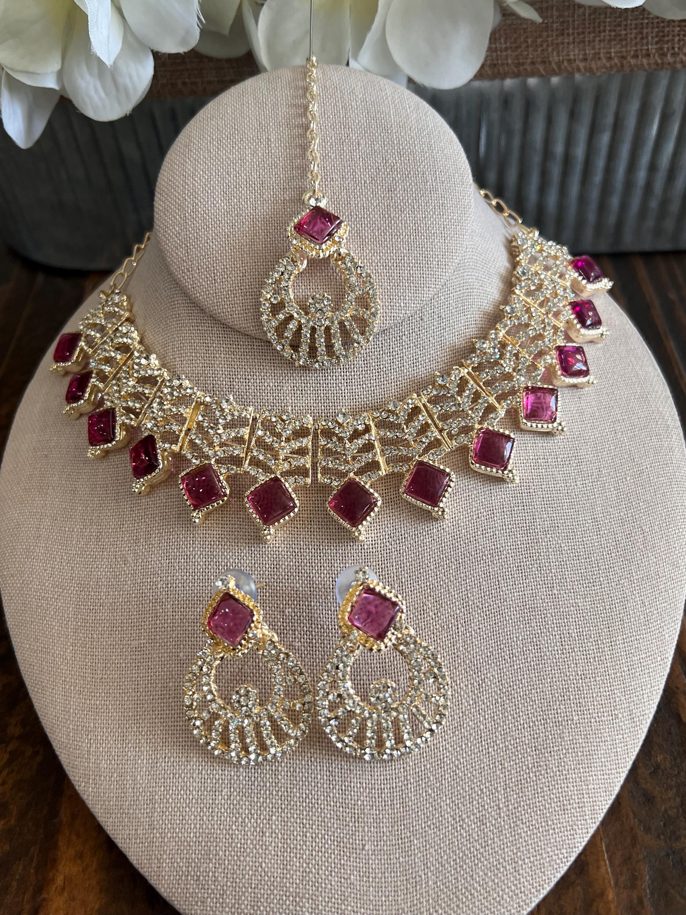 Kundan Necklace Set Gold Plated | Indian Bridal Polki Jewelry | Wedding Necklace Earrings & Maang Tikka | Ethnic Festive Jewelry