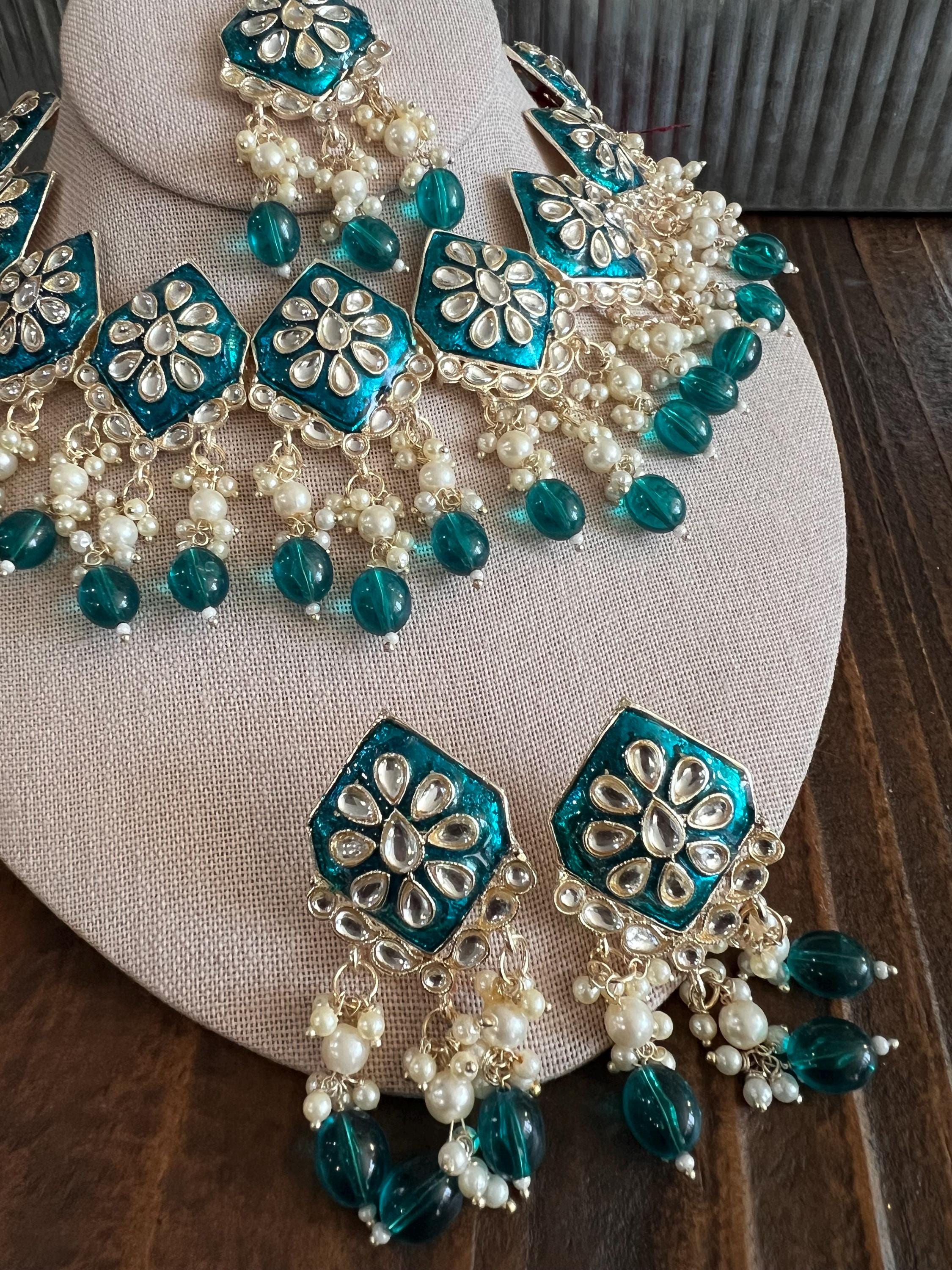 Kundan Necklace Set Gold Plated | Indian Bridal Polki Jewelry | Wedding Necklace Earrings & Maang Tikka | Ethnic Festive Jewelry