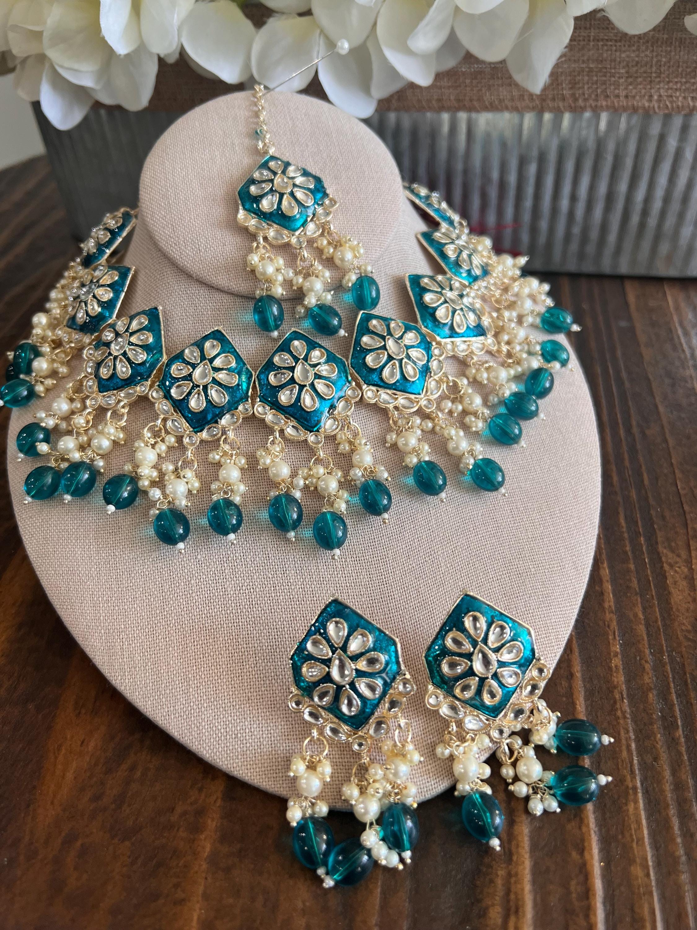 Kundan Necklace Set Gold Plated | Indian Bridal Polki Jewelry | Wedding Necklace Earrings & Maang Tikka | Ethnic Festive Jewelry