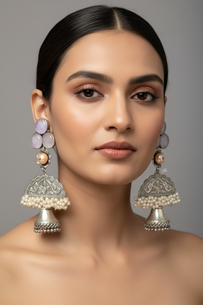 Handcrafted silver lookalike earrings with natural water stone