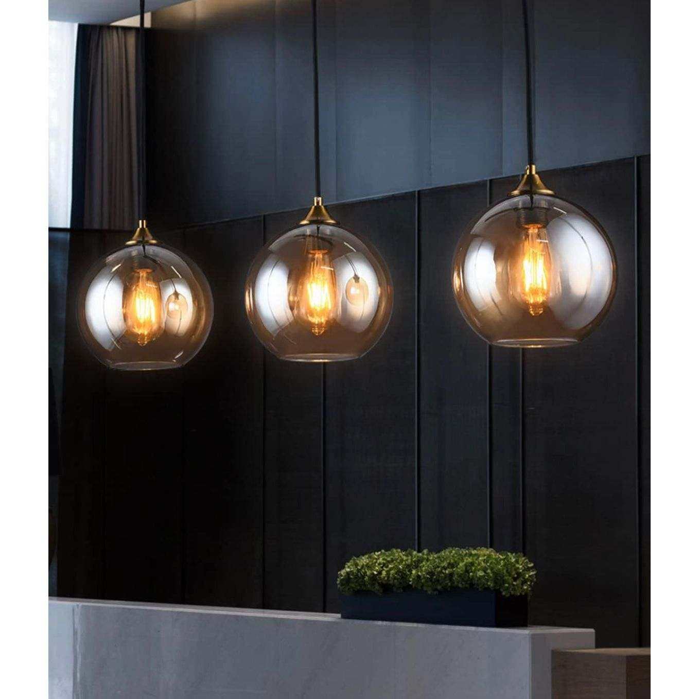 Bepuzz Plug in Glass Pendant Light Mid Century Ceiling Pendant Light Fixtures Globe Glass Shade Hanging Light Fixtures Single Hanging Pendant Lamp for Bedroom Living Room Hallway Foyer (Amber)