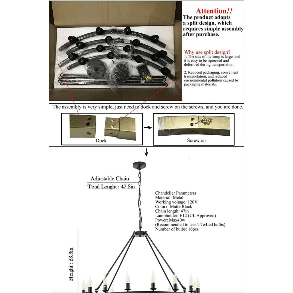 Hubrin Black Wagon Wheel Chandelier,16-Light 39.4 inch,Rustic Farmhouse Industrial Chandeliers,Kitchen Island Light Fixtures E12 Base for Living Room (Black, 39.4" 16-Light)