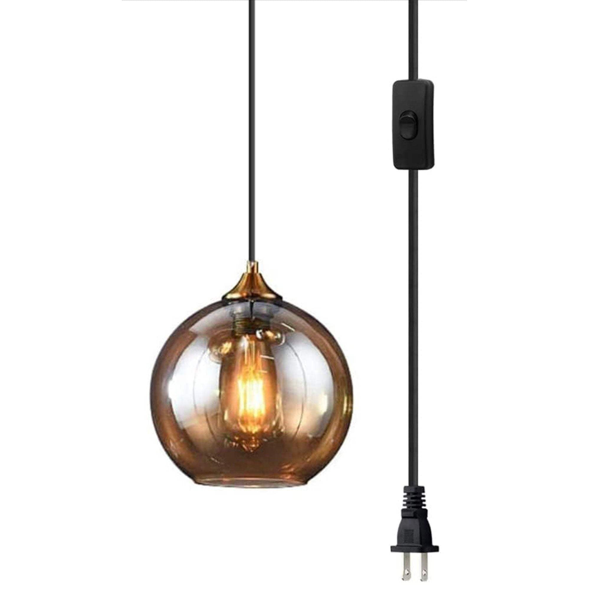 Bepuzz Plug in Glass Pendant Light Mid Century Ceiling Pendant Light Fixtures Globe Glass Shade Hanging Light Fixtures Single Hanging Pendant Lamp for Bedroom Living Room Hallway Foyer (Amber)