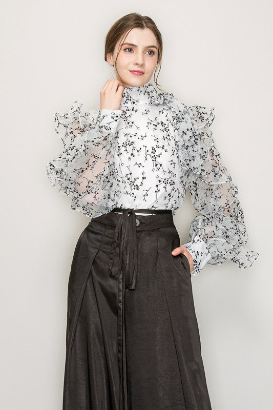 High Neck Long Sleeve Floral Print Frilled Blouse