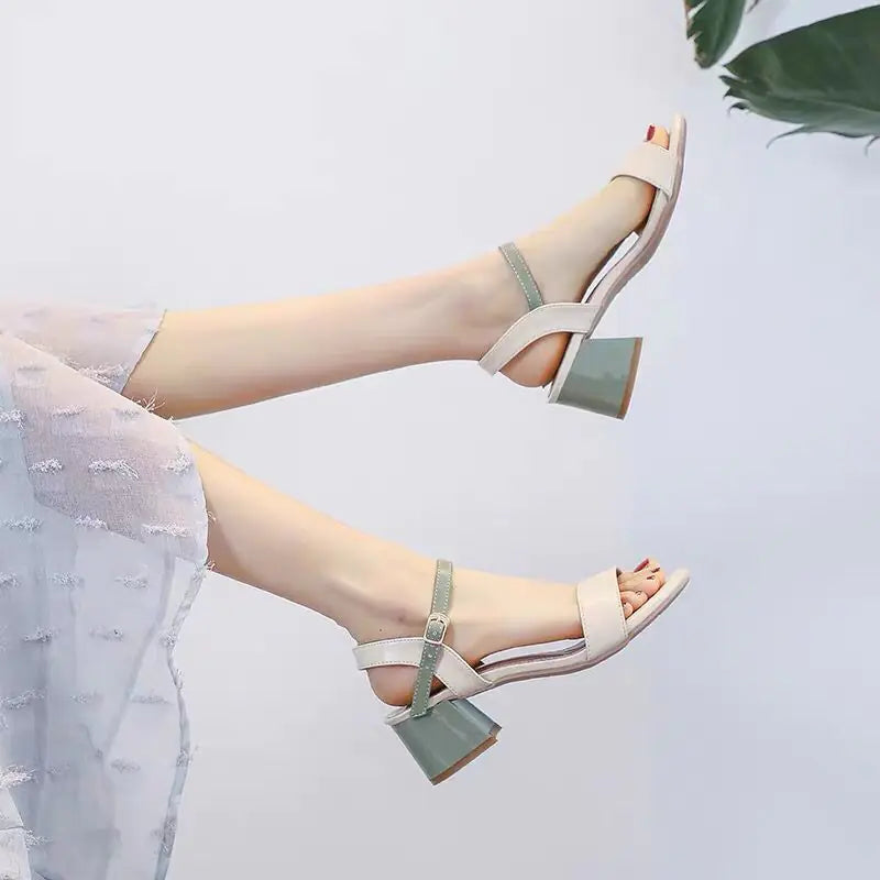 Mid-Heel Chunky Buckle Roman High Heels
