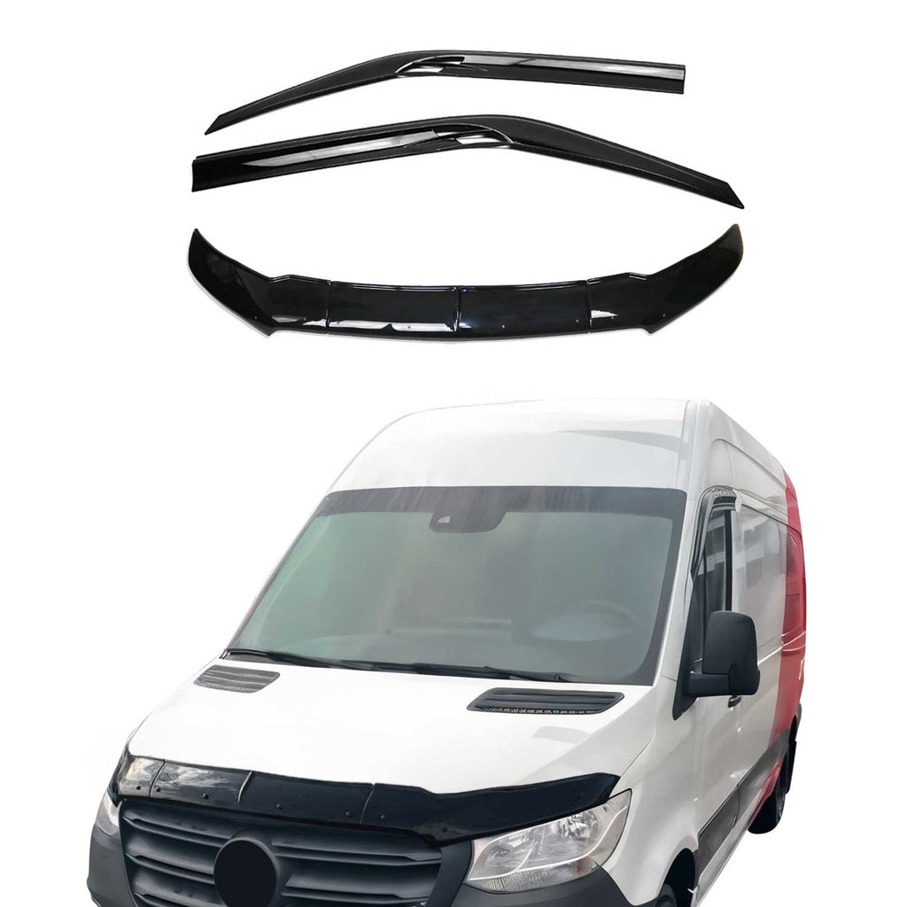 2019-2026 Mercedes Sprinter W907 910 Bug Shield Deflector & Window Visor Kit 3Pcs Smoke