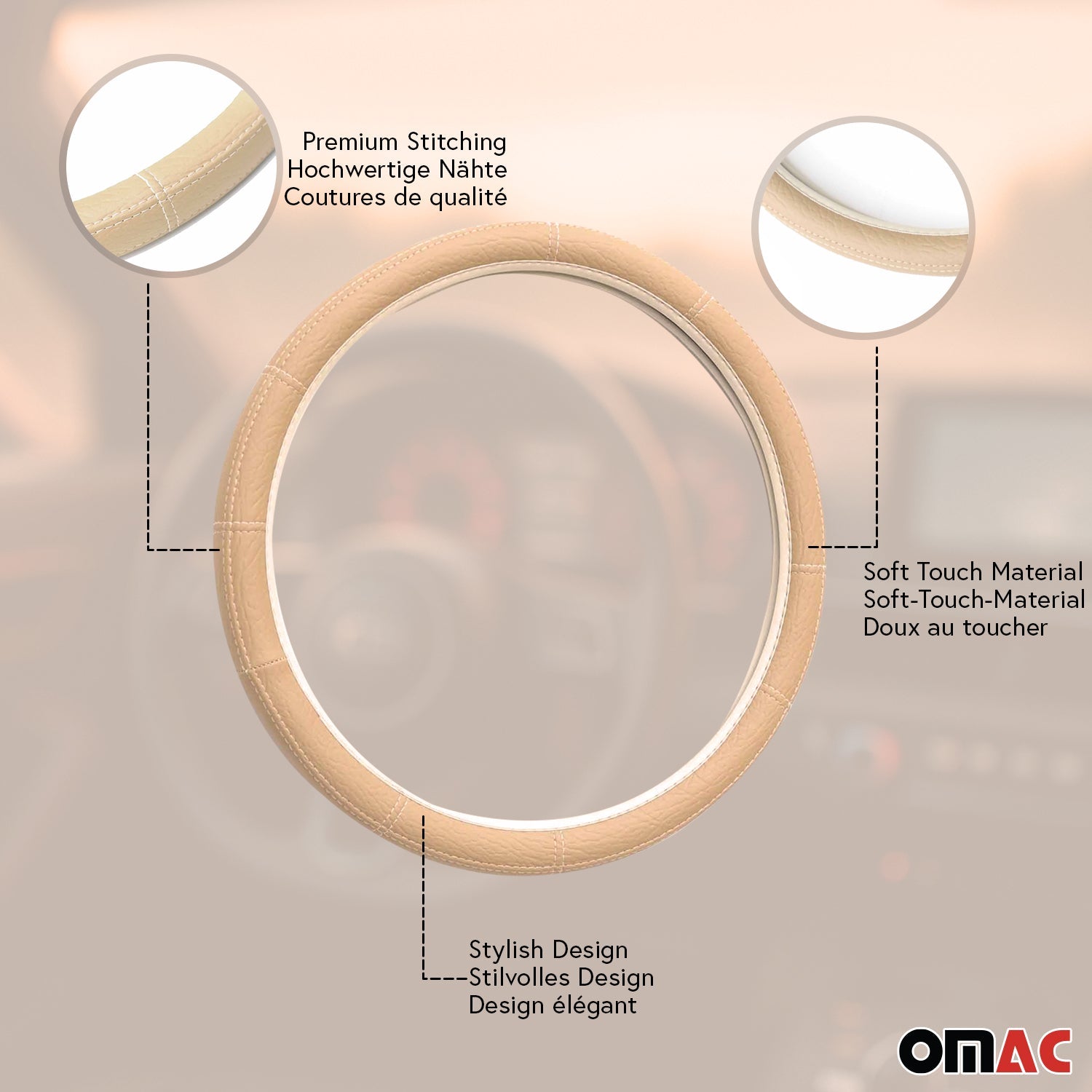 14.5-15.5’’ Steering Wheel Cover Beige Leather Anti-slip Breathable