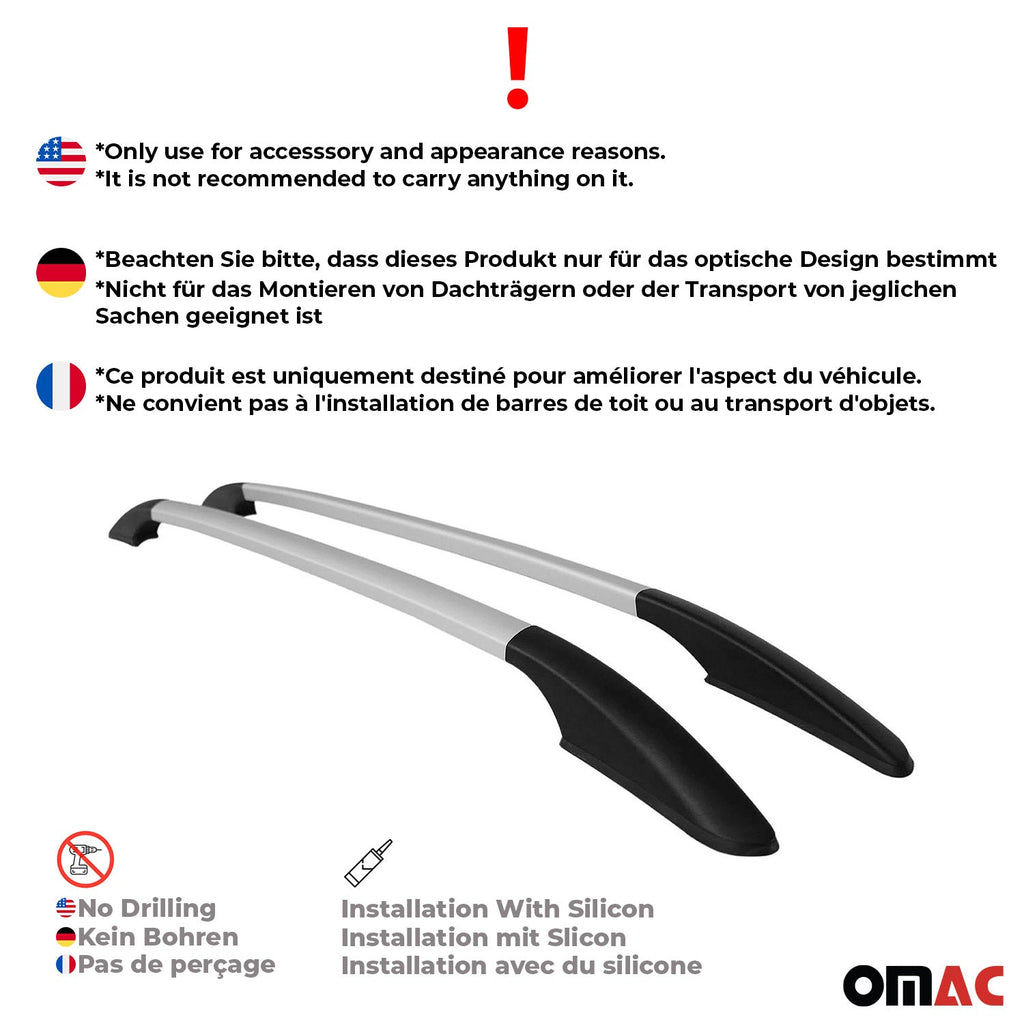2016-2023 Fiat 500X Roof Rack Rails Side Rails Aluminium Silver 2 Pcs