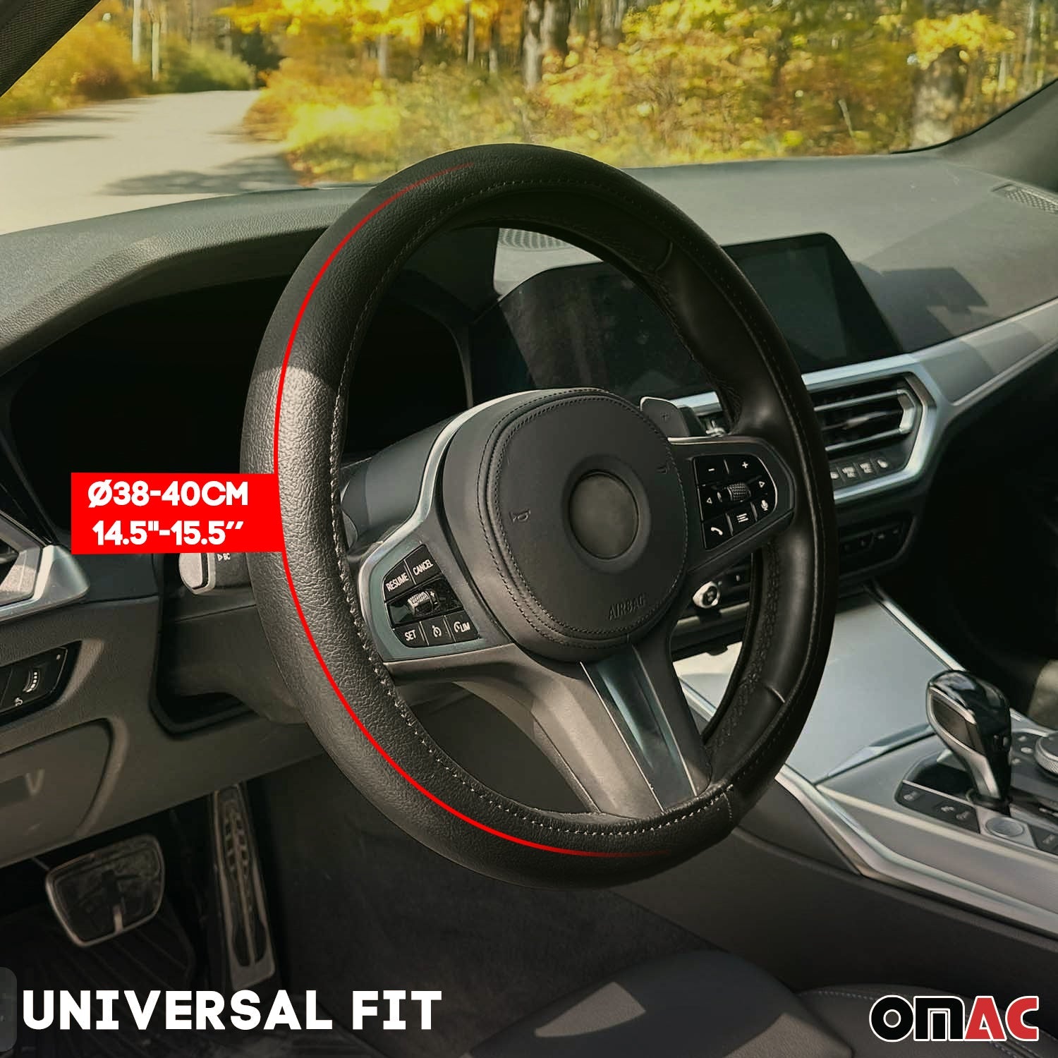 14.5-15.5’’ Steering Wheel Cover Blue Black Leather Anti-slip Breathable