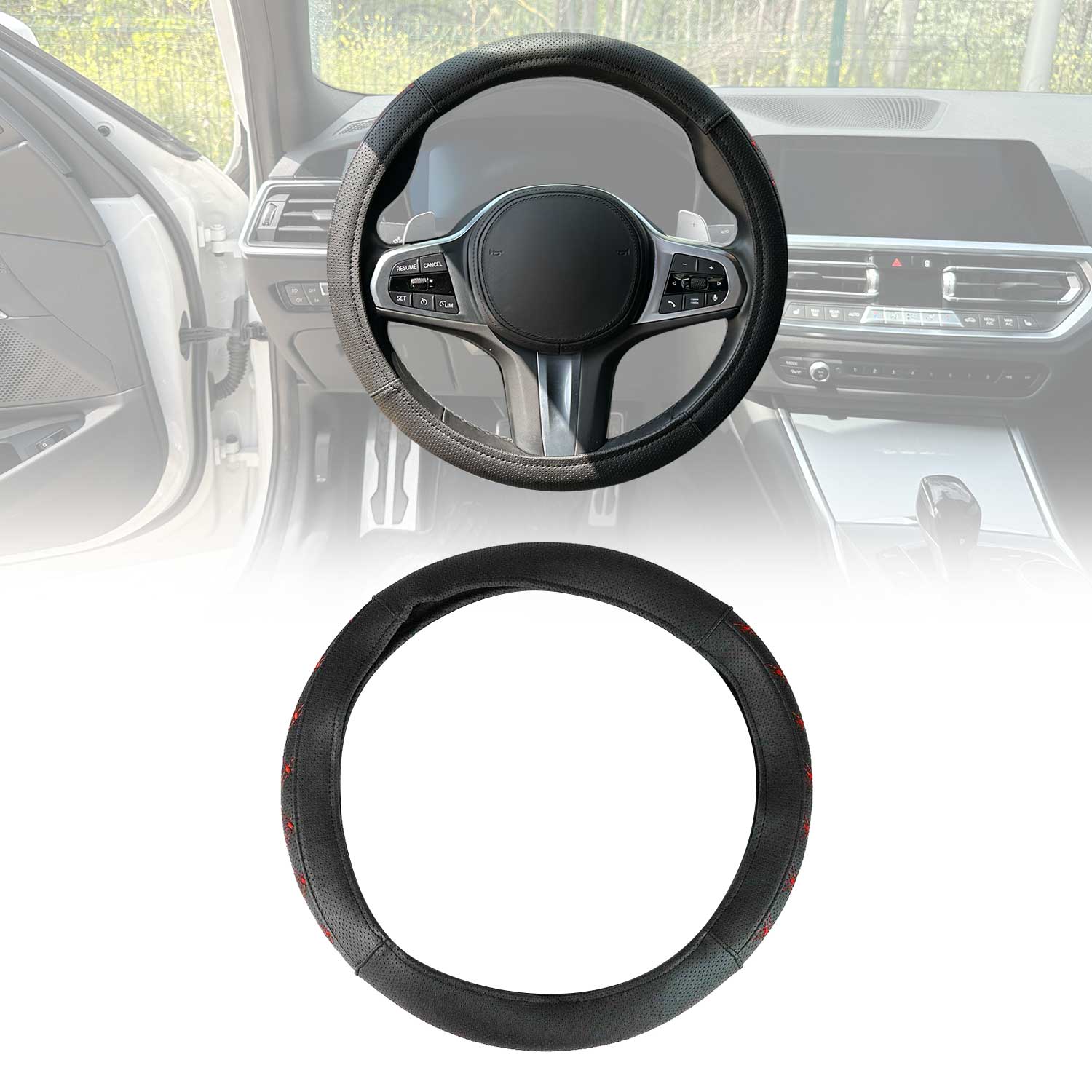 14.5-15.5’’ Steering Wheel Cover Red Stitches Leather Anti-slip Breathable