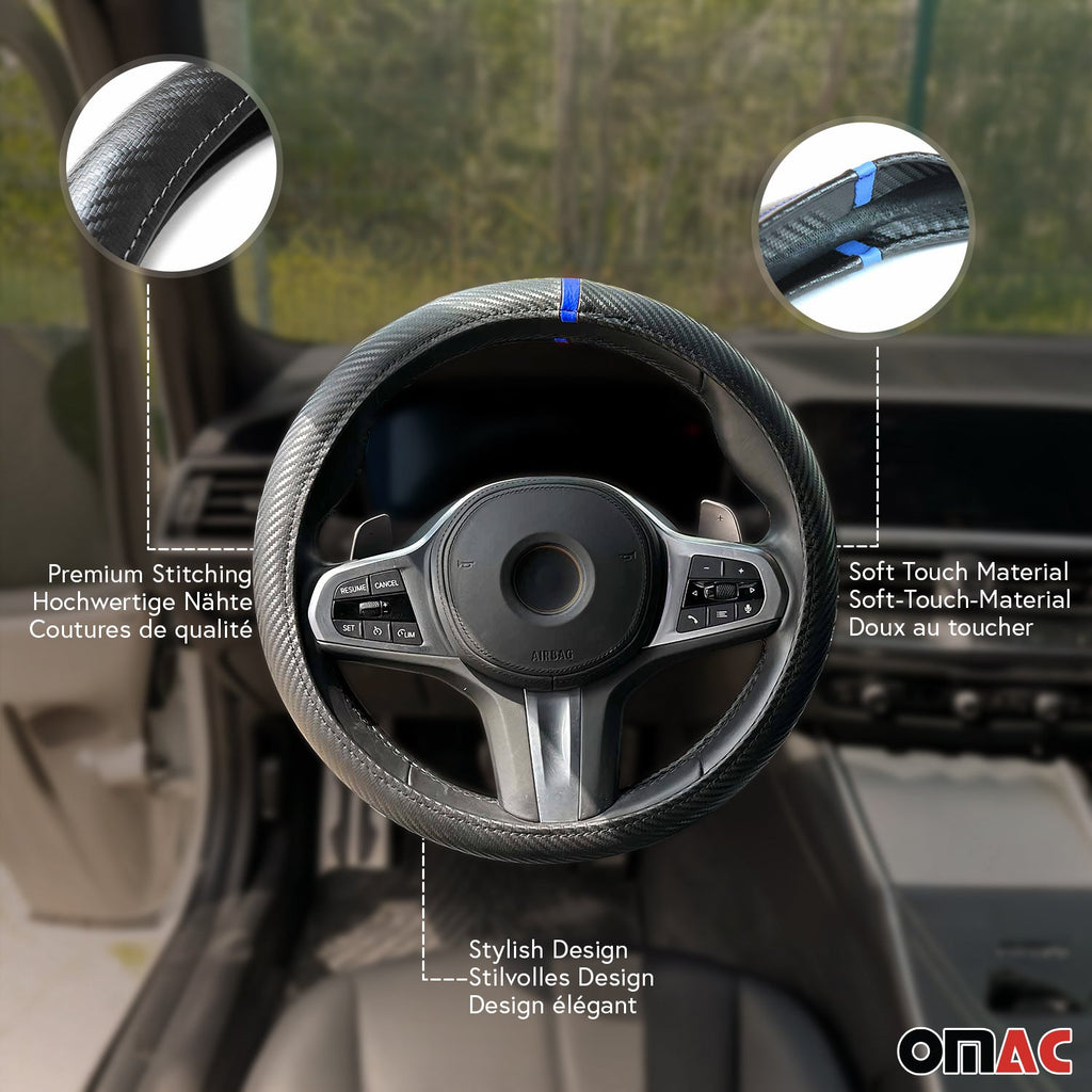 14.5-15.5’’ Steering Wheel Cover Blue Stripe Leather Anti-slip Breathable