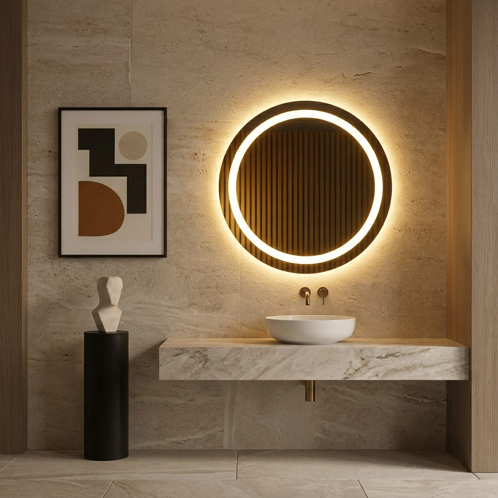 LED Bathroom Mirror – Round Lighted Vanity Mirror with Marble Frame, Modern Backlit Wall Mirror