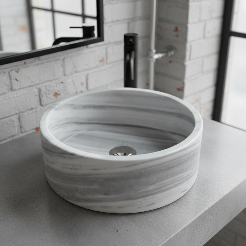 Grey Marble Sink | Round Vessel Basin 16.5x16.5 | Natural Stone Bathroom Sink USA