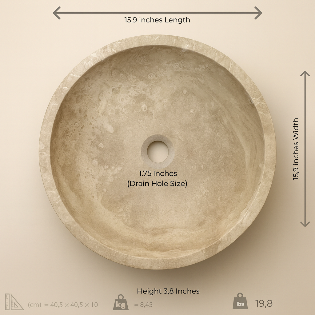 Light Travertine Marble Vessel Sink - Round Stone Bathroom Basin 16x16 | Luxury Natural Sink USA