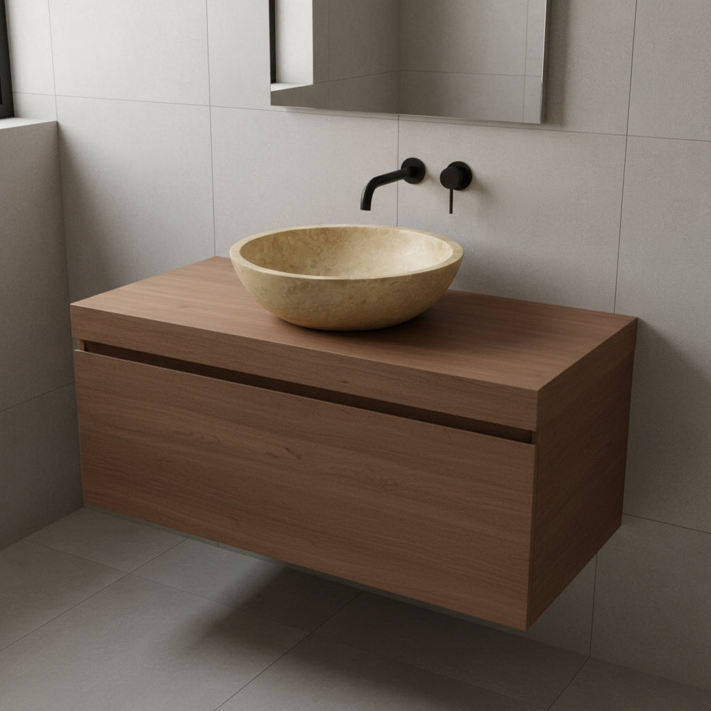 Light Travertine Marble Vessel Sink - Round Stone Bathroom Basin 16x16 | Luxury Natural Sink USA