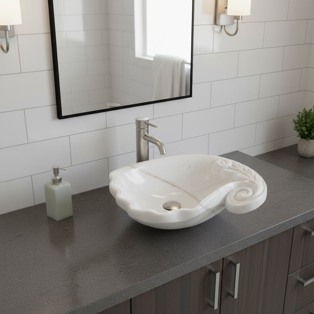 Marble Vessel Sink | Hand-Carved Natural Stone Bathroom Basin  | Luxury Floral Design Vanity
