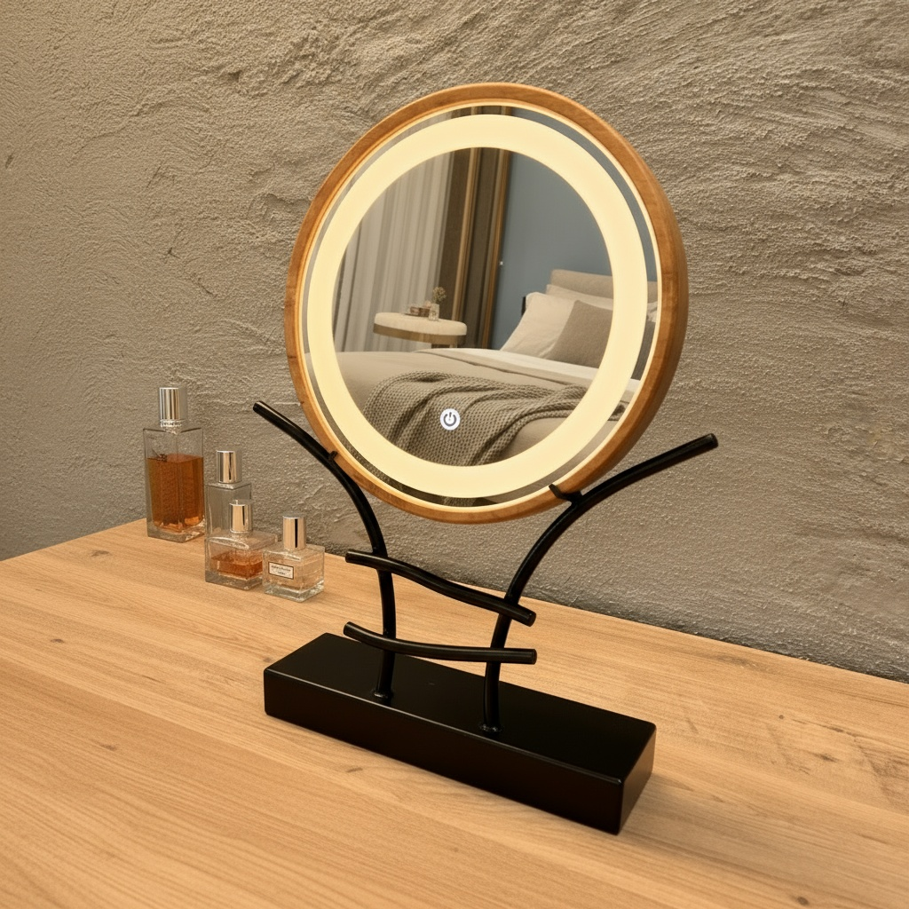 LED Makeup Mirror with Wooden Frame – Dimmable Touch Lighted Vanity Mirror & Jewelry Holder
