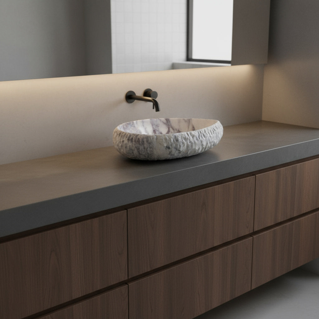 Luxury Marble Vessel Sink – Handcrafted Natural Stone Bathroom Basin with Textured Edge, Modern Vanity Bowl 21.6"x15.7"x5.5" (55x40x14 cm)