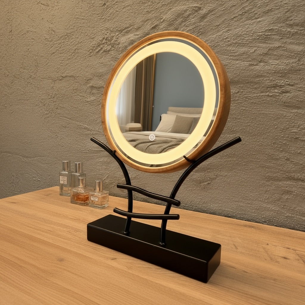 LED Makeup Mirror with Wooden Frame – Dimmable Touch Lighted Vanity Mirror & Jewelry Holder