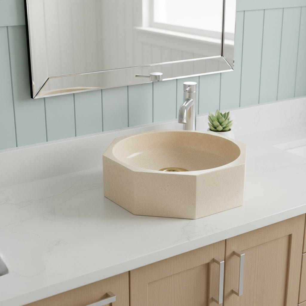 Travertine Vessel Sink | Octagon Natural Stone Bathroom Basin | Luxury Beige Marble Sink