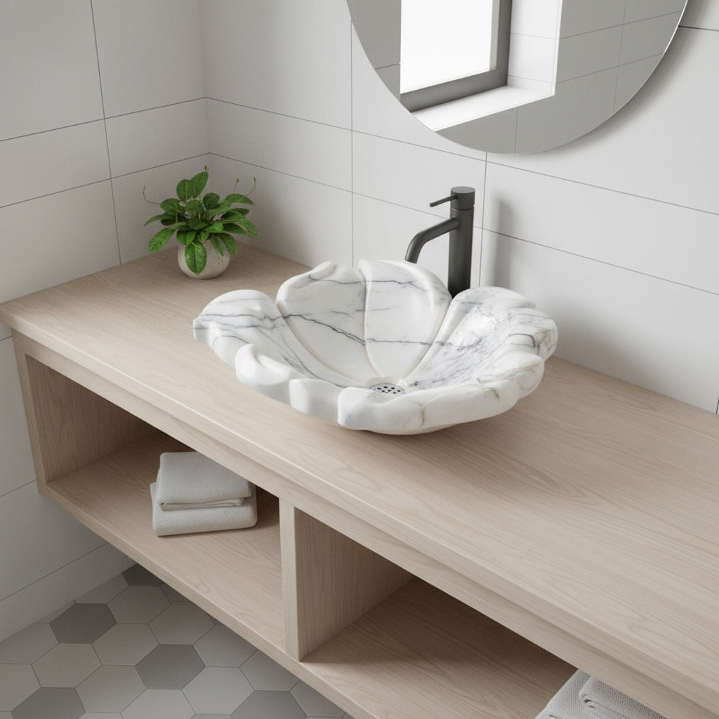 Flower Marble Sink | Hand-Carved Vessel Basin USA | Luxury Natural Stone Bathroom Sink