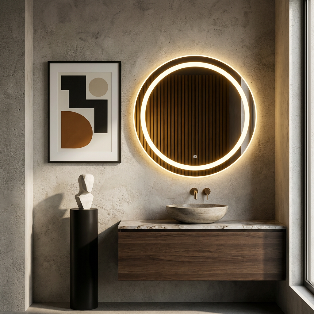 LED Bathroom Mirror – Round Lighted Vanity Mirror with Marble Frame, Modern Backlit Wall Mirror
