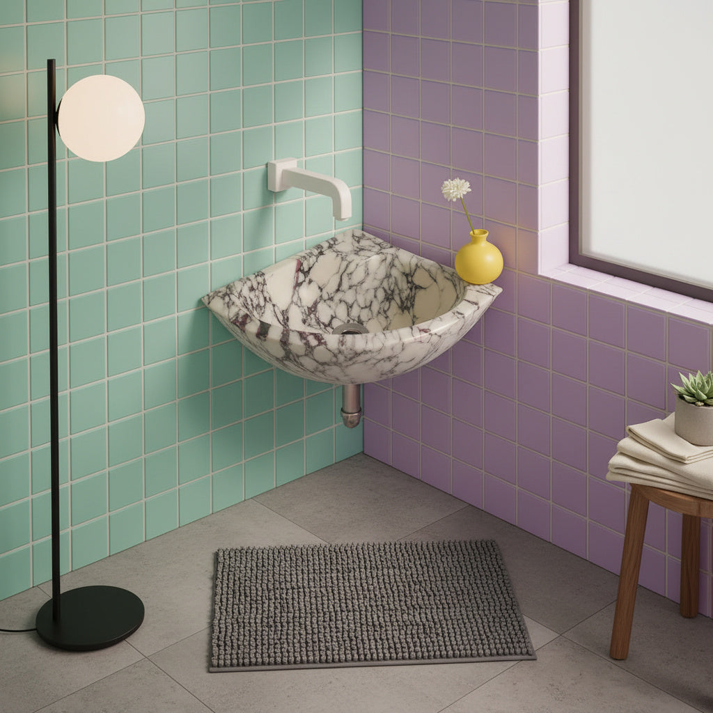 Calacatta Viola Marble Corner Sink | Wall Mount Bathroom Basin | Luxury Small Space Vanity