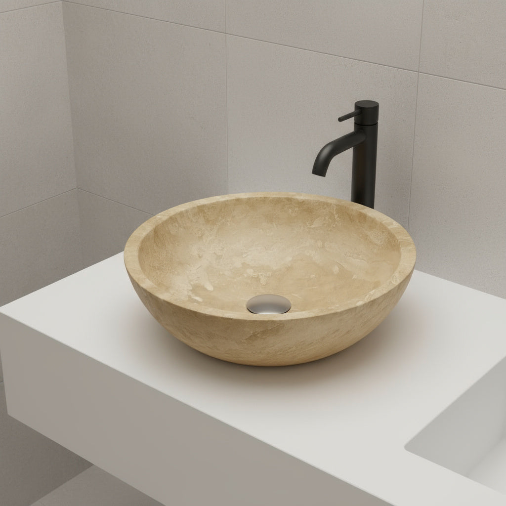 Light Travertine Marble Vessel Sink - Round Stone Bathroom Basin 16x16 | Luxury Natural Sink USA