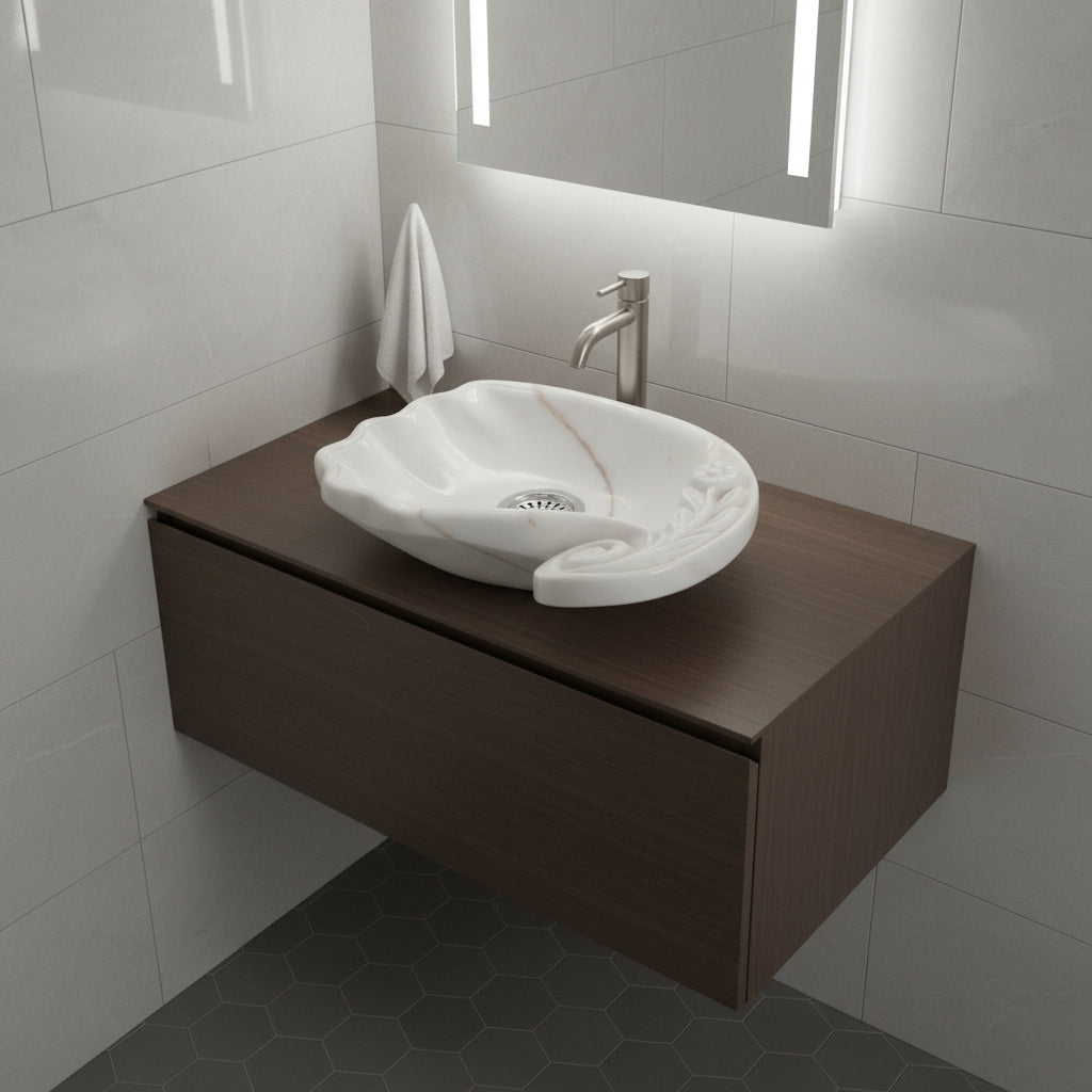 Marble Vessel Sink | Hand-Carved Natural Stone Bathroom Basin  | Luxury Floral Design Vanity