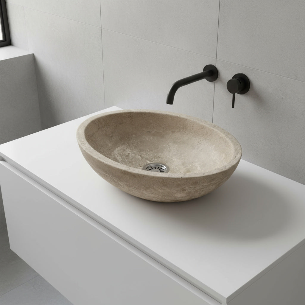 Mocha Travertine Marble Sink | Oval Vessel Basin 14.5x19.5 | Natural Stone Bathroom Sink USA